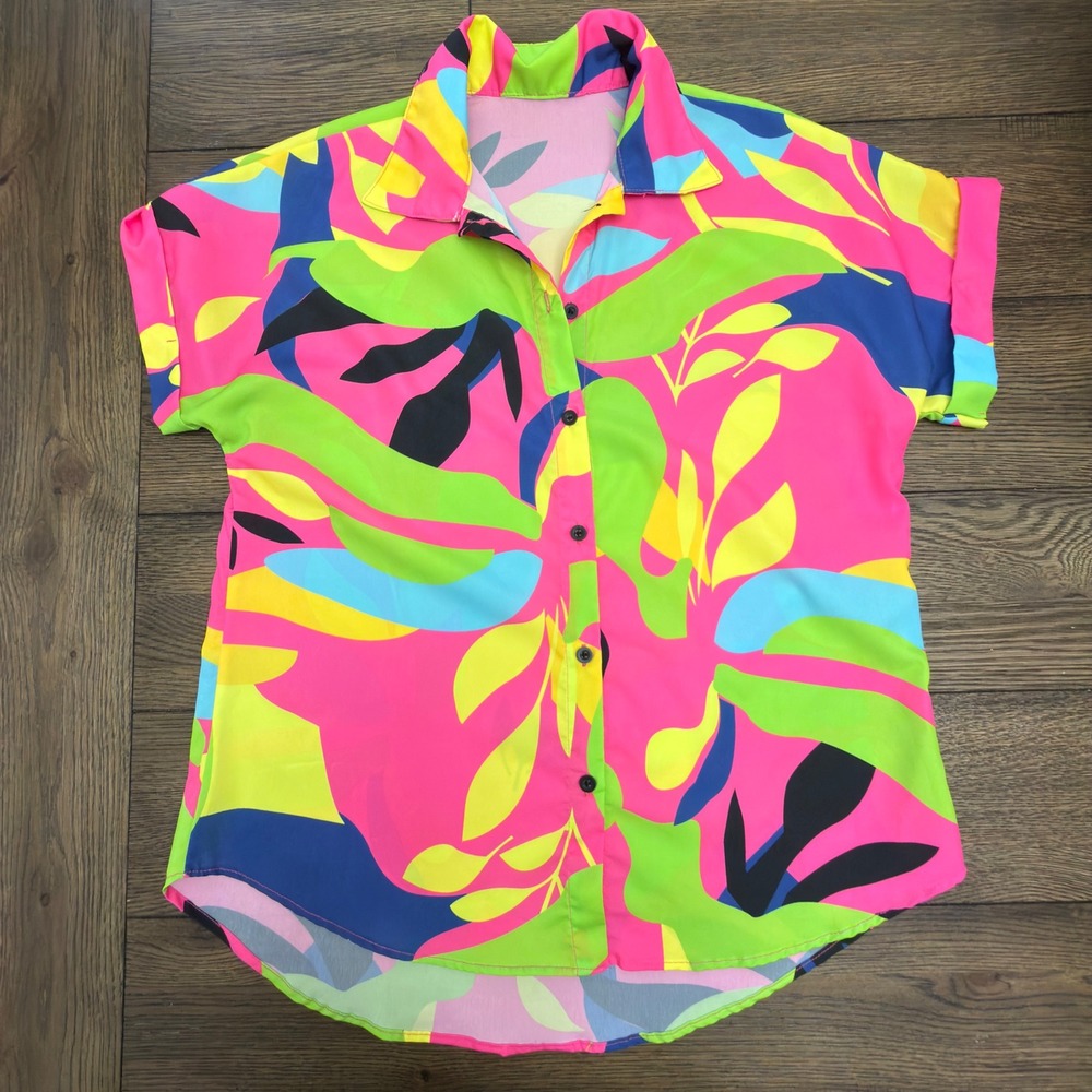 Womens Neon Tropical‎ Leaf Short Sleeve Button Down Shirt Multicolor Relaxed Fit